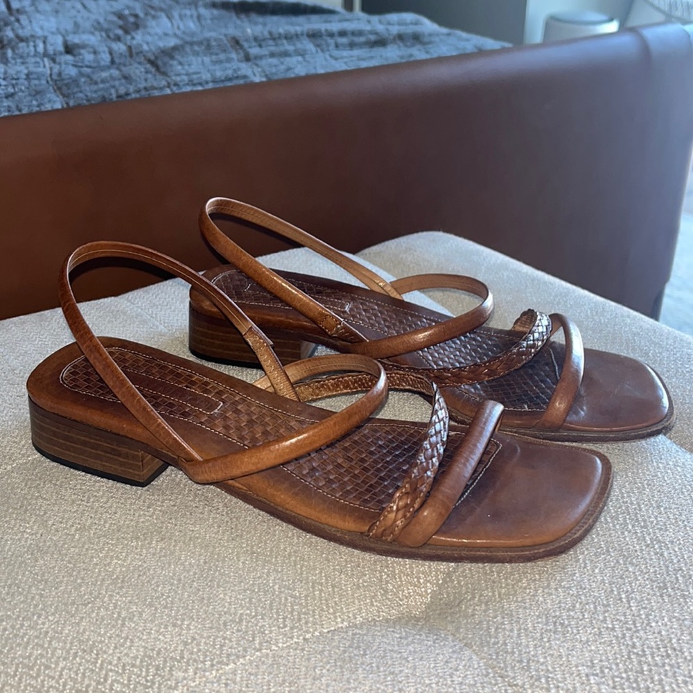 Vintage Italian camel leather braided sandals with square toe